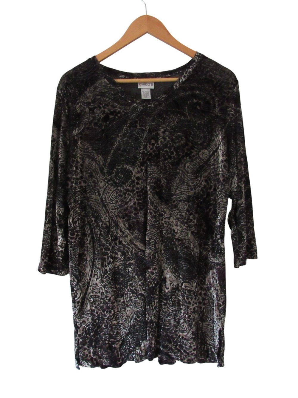 Chicos Velvet Burnout Tunic Top 2 Large Black Artsy 3/4 Sleeves Boho Stretch
